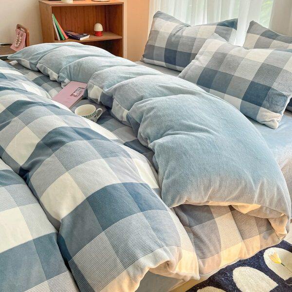 冬季双面珊瑚绒被罩格子简约风牛奶绒被套学生宿舍床单人三四件套
