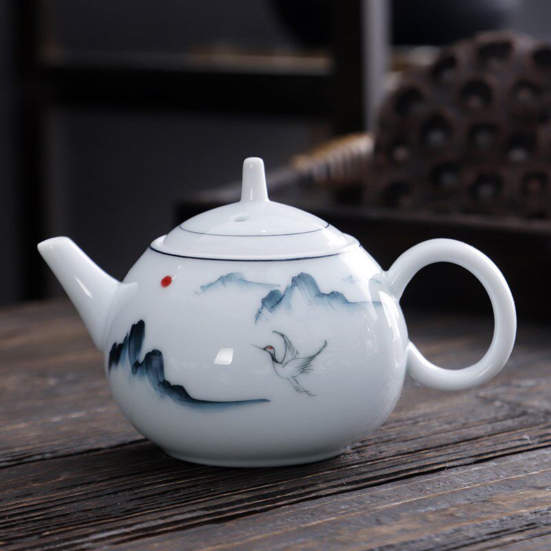 茶壶功夫茶具经典手绘青花瓷陶瓷单壶中式白瓷釉下彩泡茶壶家用