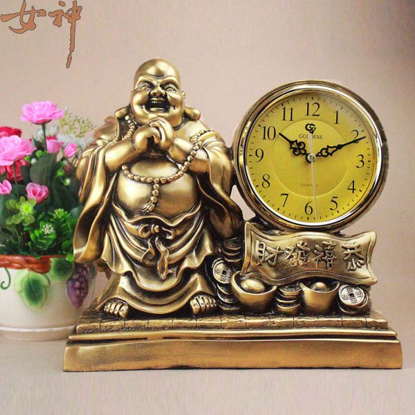 goddess弥勒佛钟表恭喜发财中式座钟树脂工艺品客厅摆件复古时钟