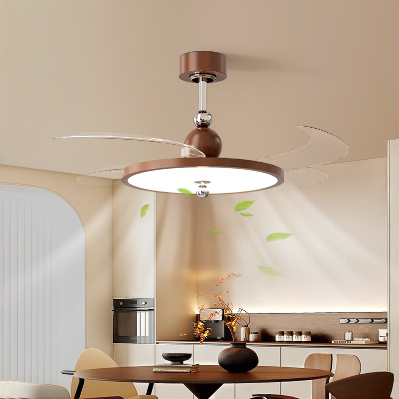 风扇灯复古胡f桃木纹新款卧室吸顶灯中古风超薄隐形静音餐厅电扇
