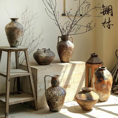 陶瓷粗陶花瓶古朴禅意陶罐复古侘寂风摆件手工民宿酒店插花器水培