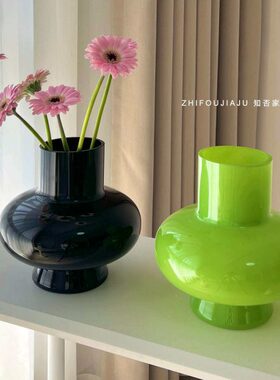 绿色大肚玻璃花瓶摆件客厅插花装饰摆件简约风轻奢高档花器高级感