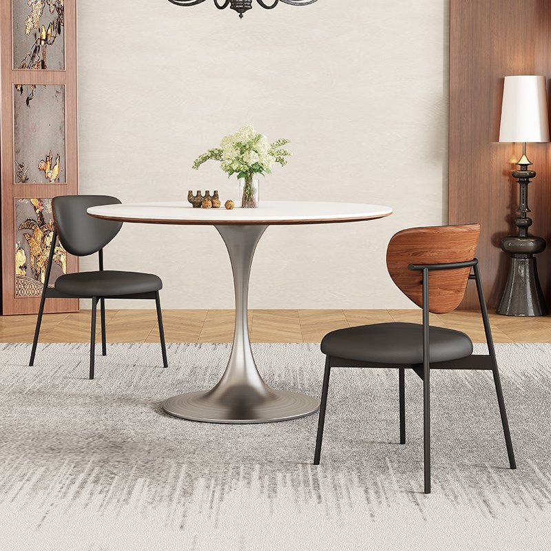 德利丰岩板圆桌法式中古家用小户型饭桌复古不锈钢郁金香圆形餐桌