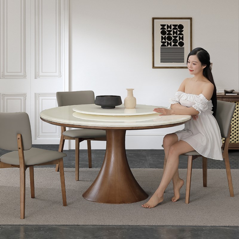 北欧纯天然白冰花大理石家用餐桌椅全套大圆桌10人家用白蜡木饭桌