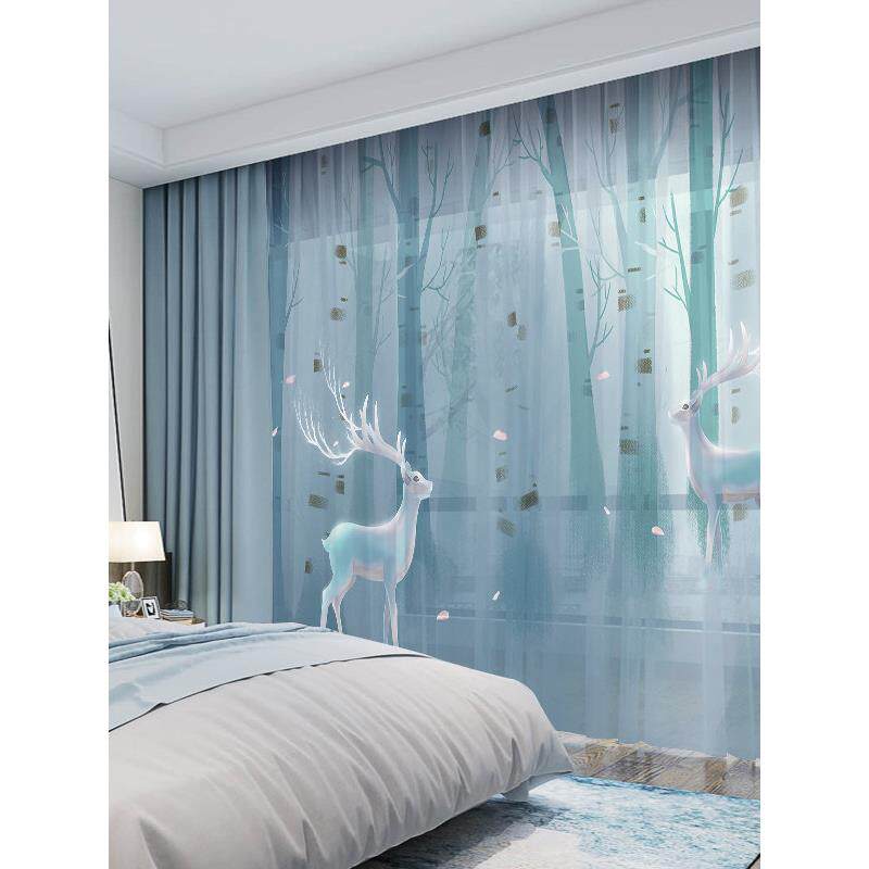 全屋定制斯堪的纳维亚森林麋鹿窗帘现代风格卧室客厅遮光凸窗纱