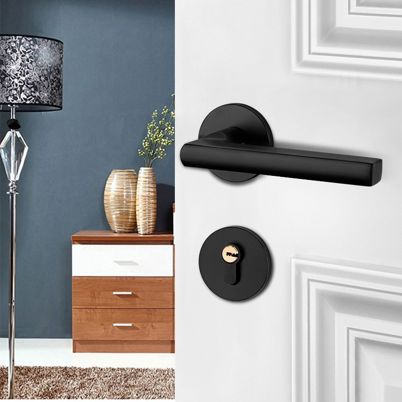 门锁室内家用实木门分体锁具黑色门把手通用型磁吸静音卧室房门锁