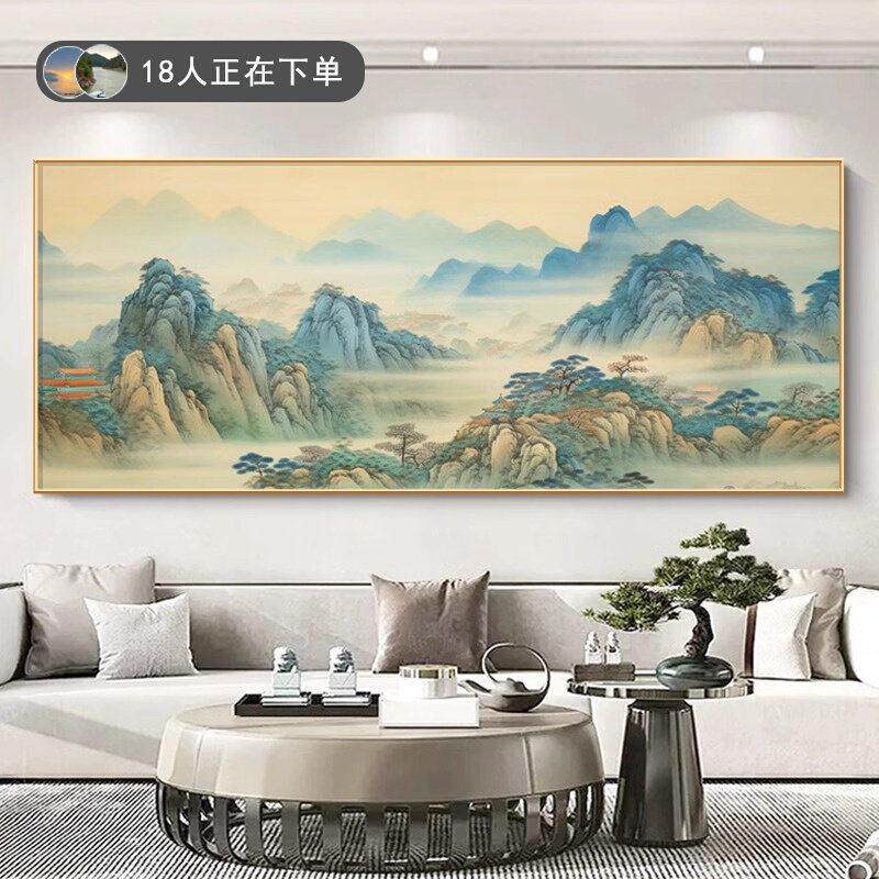千里江山图客厅挂画横版背有靠山壁画新中式沙发背景墙山水装饰画