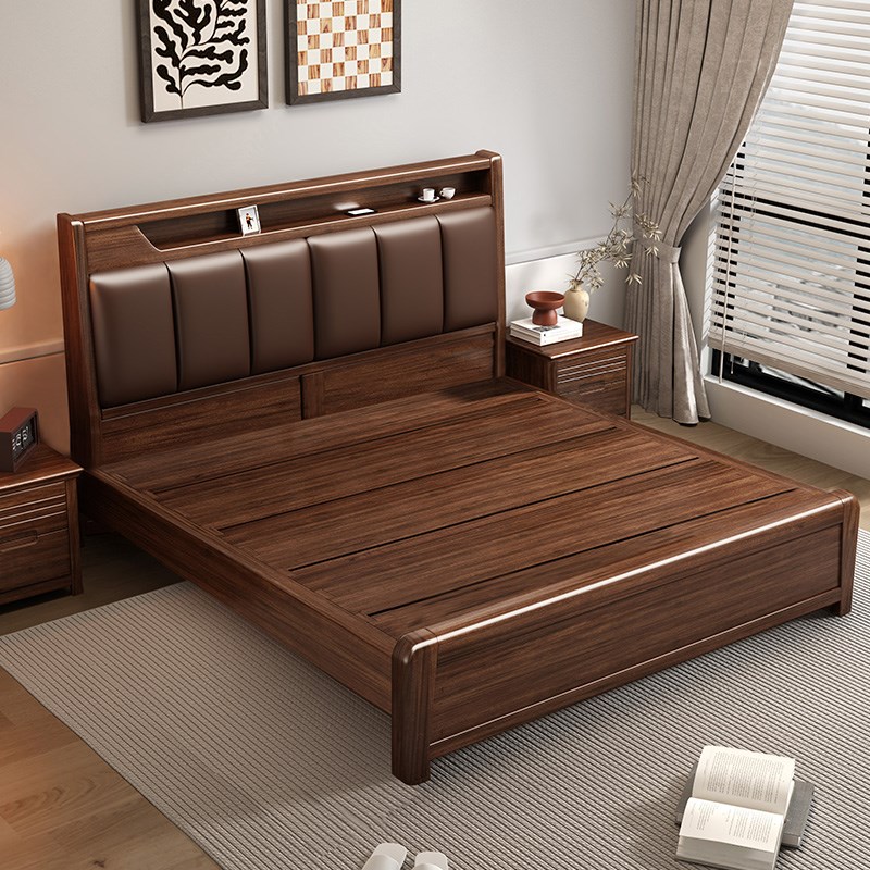 胡桃木实木软包储物床1.8x2米主卧双人大床现代简约中式轻奢婚床