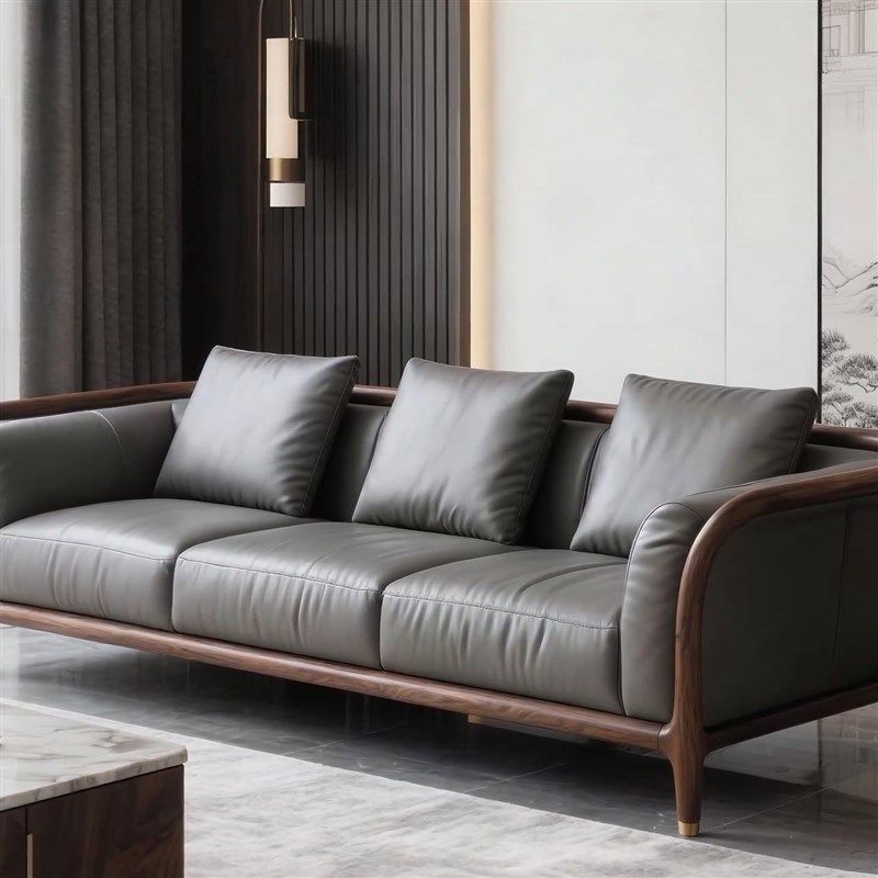 新中式实木意式沙发北美黑胡桃木大小户型轻奢真皮样板房家具定制