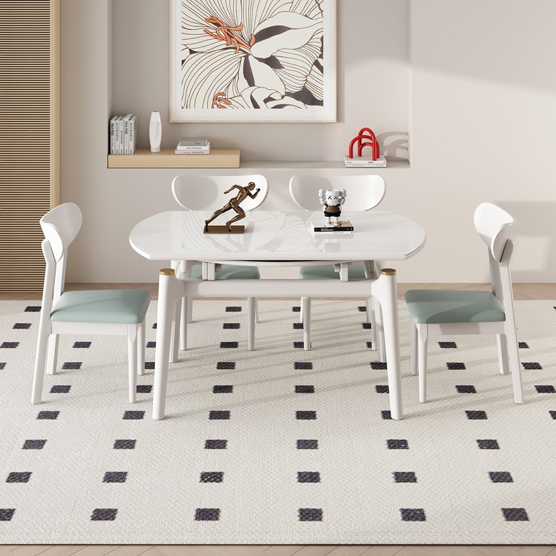 实木餐桌家用小户型吃饭桌可变圆桌现代简约客伸缩V两用餐桌椅组