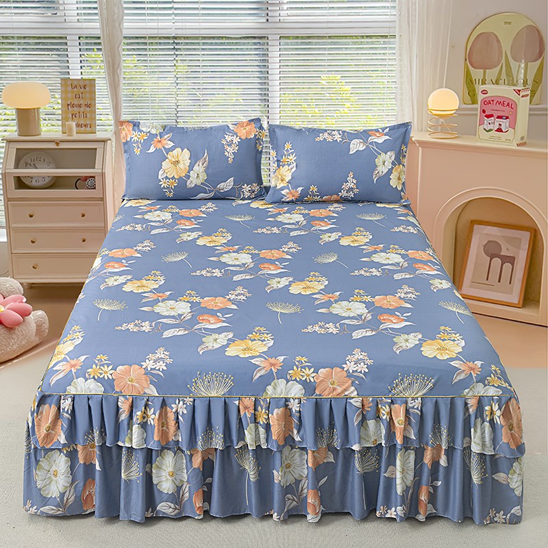 水洗棉床裙单件亲肤磨毛s简约床罩式保护套防滑床单双人床上三件