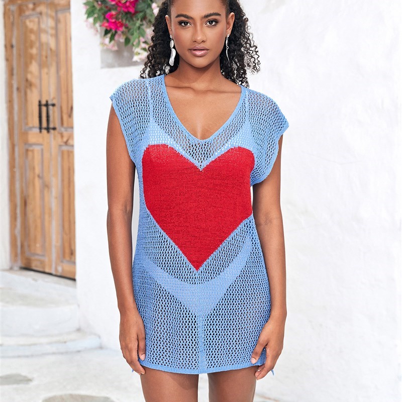 沙滩罩衫宽松镂空爱心针织性感海滩度假泳衣外搭罩裙女比基尼罩衫
