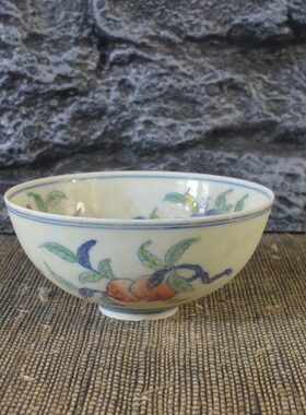 仿古瓷器 复古做旧明成化风格 斗彩三果纹瓷碗 古董古玩收藏品