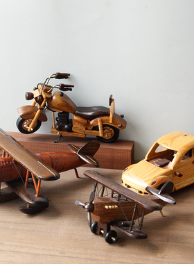 创意实木飞机汽车机车模型家居装饰品摆件复古美式酒柜工艺礼品摆