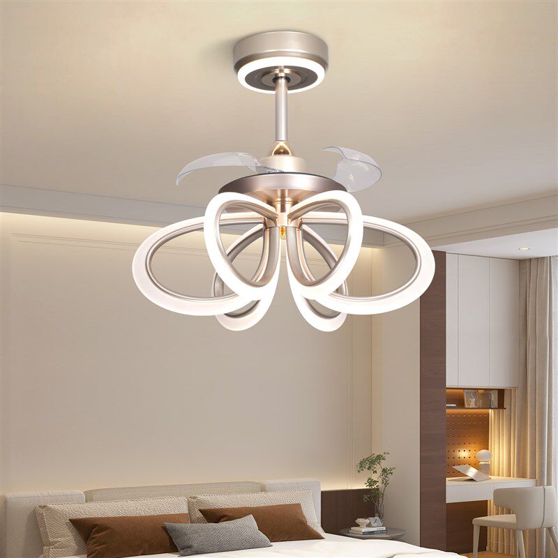 新款简约风扇三色变光全铜隐形风扇电机智能语音餐厅一体吊扇灯