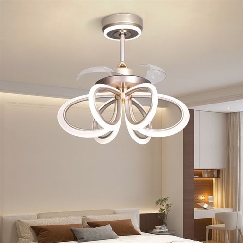 新款简约风扇三色变光全铜隐形风扇电机智能语音餐厅一体吊扇灯