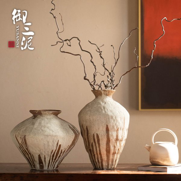 御三泥陶瓷花瓶复古风禅意家居民宿装饰摆件高级感新中式干花插花