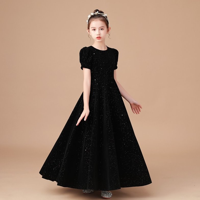 新款女童钢琴礼服黑色泡泡袖修身礼服主持人小提琴礼服合唱团走秀