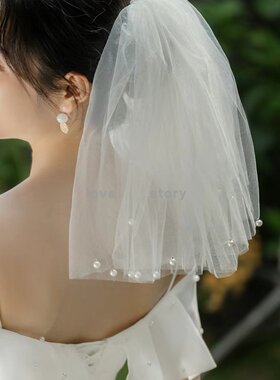 新娘头纱珍珠短款求婚女生领证登记拍照头纱2023新款蓬蓬软纱白色