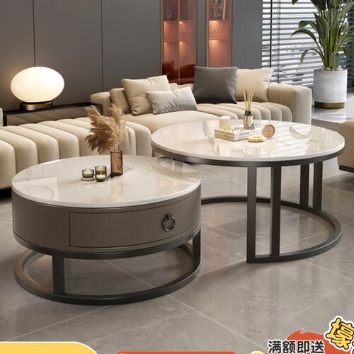 岩板茶几现代简约圆形小户型茶几客厅实木家用轻奢极简折叠大理石