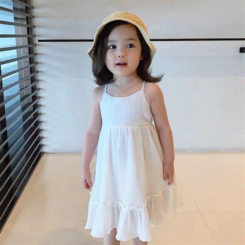 A女童装夏季海边度假风儿童连衣裙宝宝洋气露背白色吊带裙子