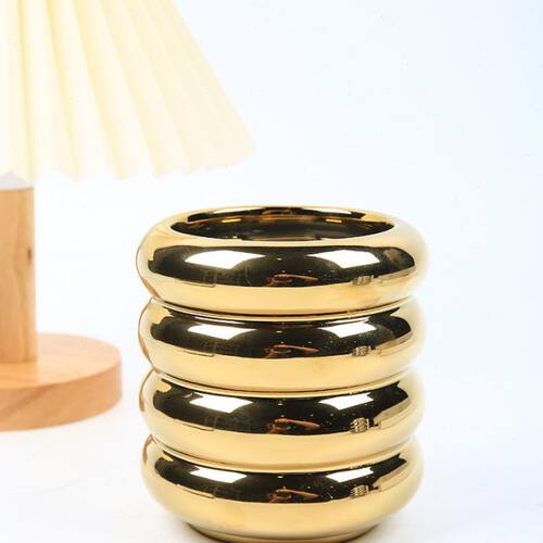 创意圆圈轮胎陶瓷花盆摆件现代简约金色花器居家室内植物水培容器