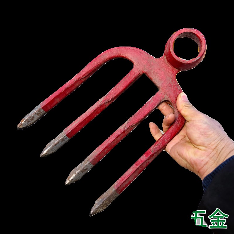 新款四齿叉锄道轨钢锄外贸翻地松土加粗叉齿一体红锄老款圆孔锄头