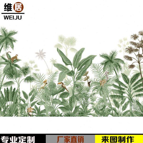 东南亚热带雨林森林卧室背景墙纸 绿植物芭蕉叶壁纸 北欧树叶墙布