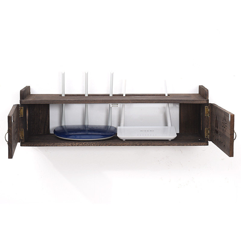 实木无线路由器电源双开门收纳盒箱wifi猫机顶盒置物架插座插线板