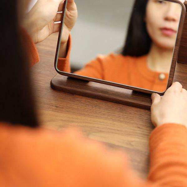 黑胡桃实木化妆镜台式桌面折叠梳妆镜便携随身简约方圆形高清镜子