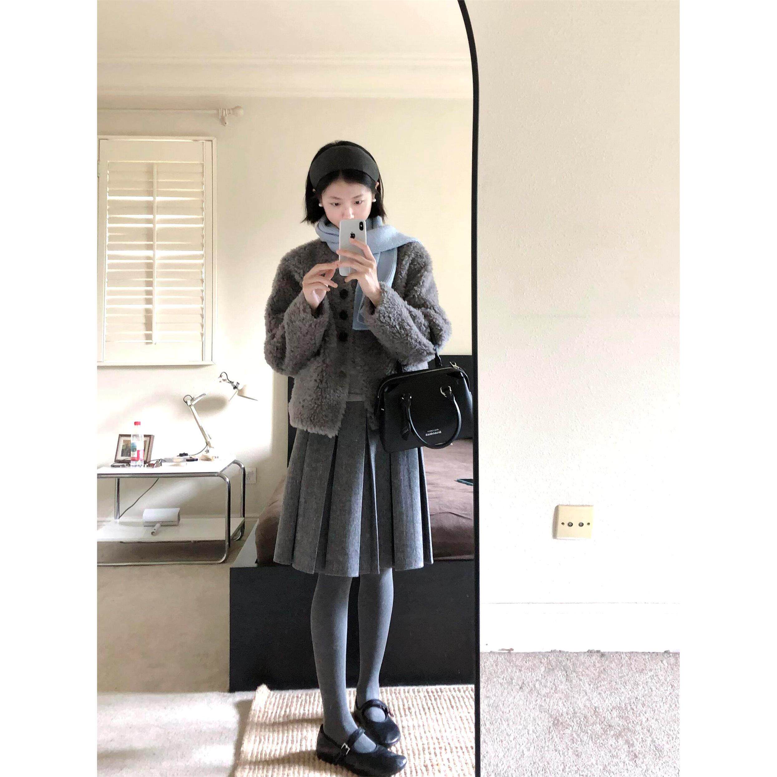灰色毛呢半身裙女大码胖mm遮肚显瘦a字短裙学院风小个子百褶中裙