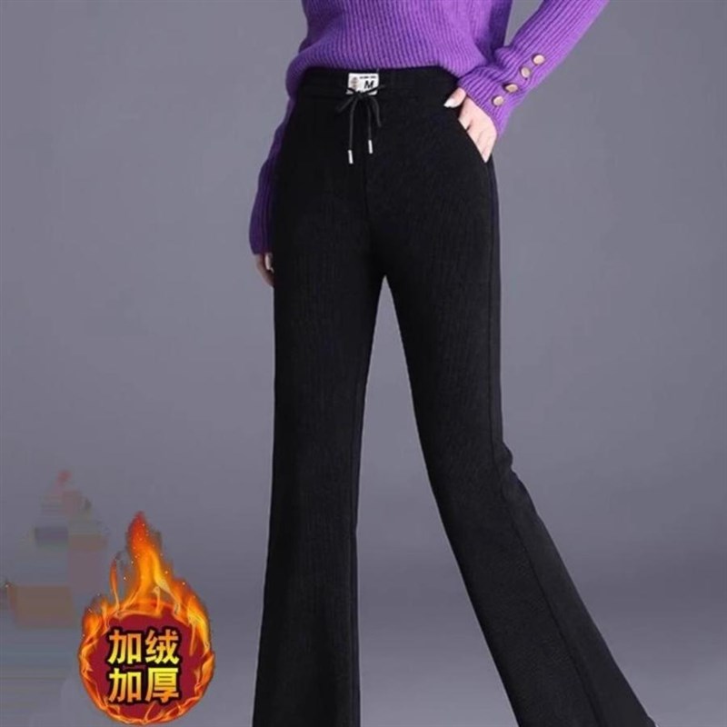 中老年喇叭裤女新款秋冬加绒加厚微喇裤子高腰羊羔绒保暖妈妈长裤