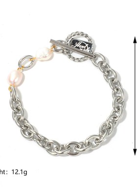 欧美不锈钢钛钢镀金几何方牌简约链条淡水珍珠金色圣诞OT扣手链