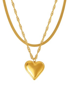 谜丽不锈钢水波纹刀片链条爱心双层锁骨项链女饰品镀18K金PVD保色