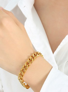 欧美夸张粗狂工业风霸气个性素链条时尚女钛钢18K金手链厂家