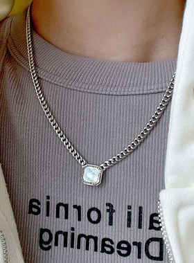 s925纯银港风重工项链女茶色方形吊坠坦克链复古小众轻奢颈链跨境