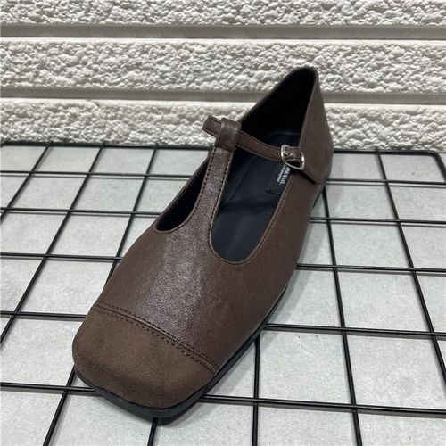 断码处理复古拼接方头单鞋女春秋新款法式晚晚风丁字扣玛丽珍鞋子