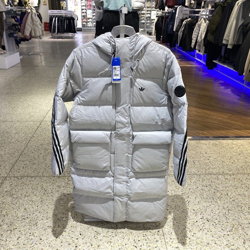 正品阿迪达斯ADIDAS三叶草男女款连帽三条纹休闲长款羽绒服KC2566