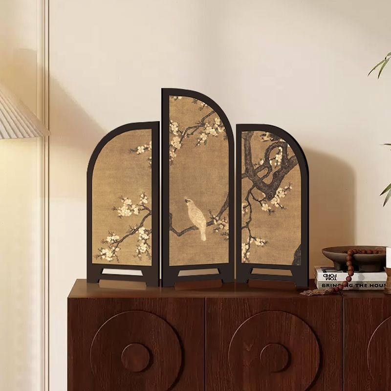 新中式国风鹊枝屏风桌面摆件中古风装饰画客厅餐厅复古摆画装饰品