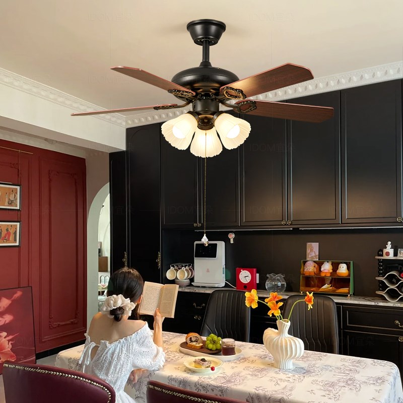 法式覆古饭厅风扇吊灯一体美式中古风客厅吊扇灯高级感护眼吊扇灯
