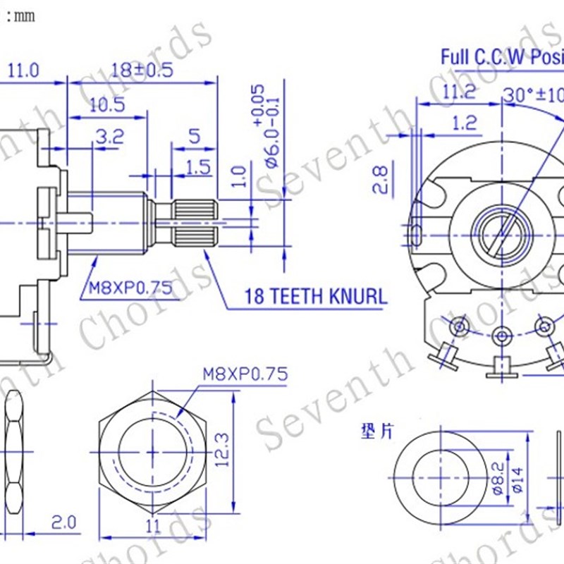 18MM金色铜轴电吉他贝司大电位器音量音色电子开关旋钮500K 250K