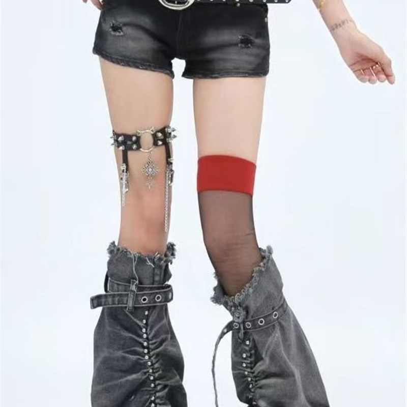 原创牛仔喇叭腿套千禧辣妹y2k设计感绑带袜套显瘦灰色堆堆袜套