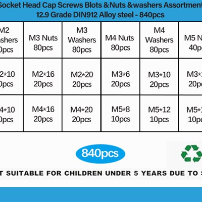 840pcs碳钢发黑12.9级M2~M5圆柱头内六角螺丝螺母平弹垫套装螺丝