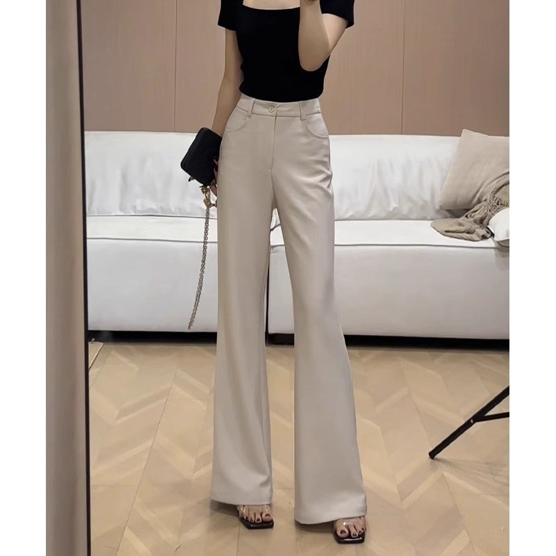 杏色高腰垂感不贴腿微喇西装裤女2025夏季新款弹力显瘦喇叭休闲裤