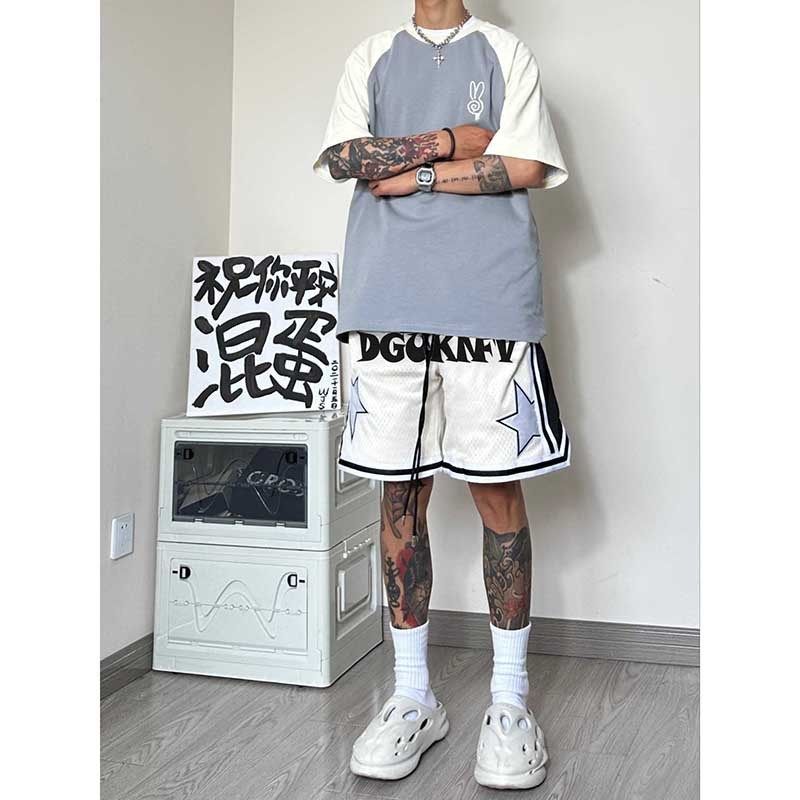 篮球美式运动短裤男夏季设计感星星印花宽松网格透气休闲五分裤潮,男装,休闲裤,淘宝优惠券,粉丝福利购,淘宝优惠卷