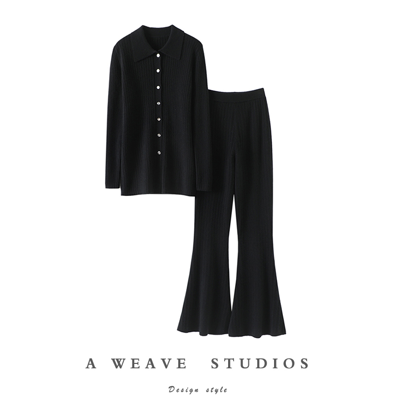 上身那叫好看!翻领羊绒开衫外套女纯喀什米尔羊毛毛衣休闲裤喇叭