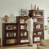 实木书柜自由组合书房大容量多层收纳柜翻门置物架玻璃门书橱简约