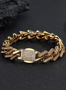 欧美男士夸张满钻菱形金色古巴配饰项链手链饰品个性潮流项饰配件