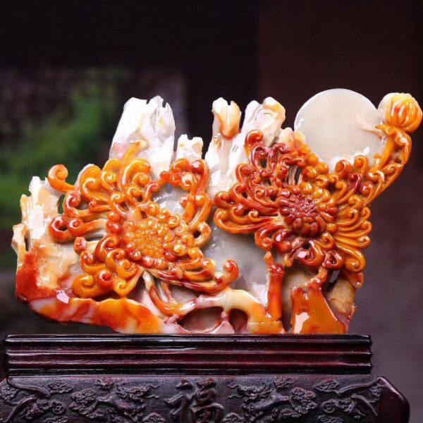福建寿山石金玉满堂摆件家居客厅装饰摆设原石俏色巧雕花工艺品