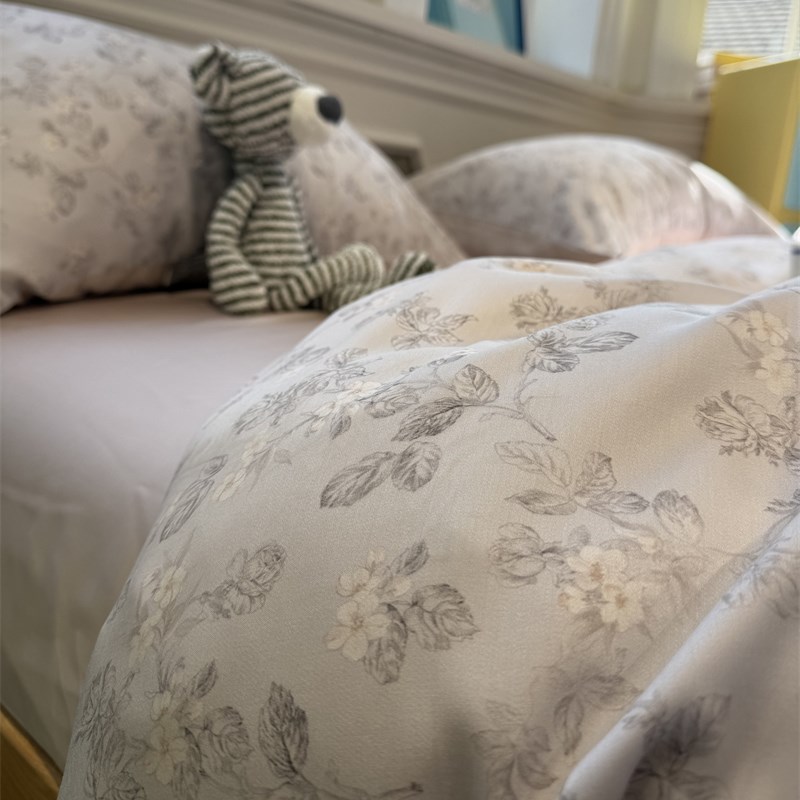 60s兰精天丝凉感丝滑田园灰色小碎花四件套1.5m1S.8米床单被套夏